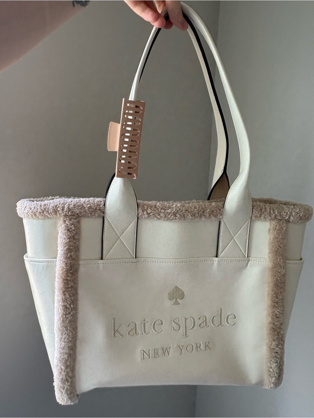 kate spade Cream Shearling-Trim Tote Bag